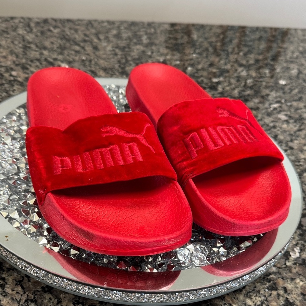 Puma Red velour Slide Sandals 10.5